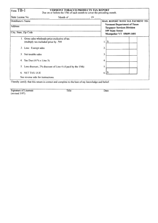 Form Tb-1 - Vermont Tobacco Products Tax Report Printable pdf