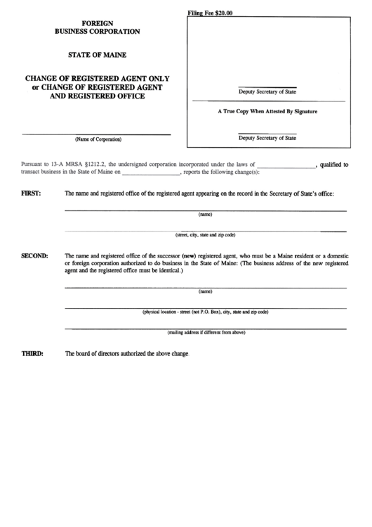 Form Mbca-12c - Change Of Registered Agent Only Or Change Of Registered Agent And Registered Office Printable pdf
