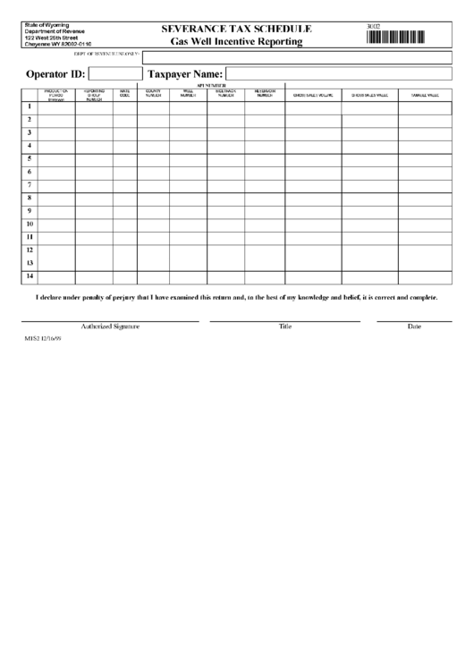 Severance Tax Schedule - Gas Well Incentive Reporting Printable pdf