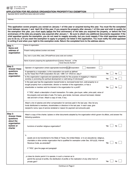 Form 50-117 - Application For Religious Organization Property Tax Exemption Printable pdf