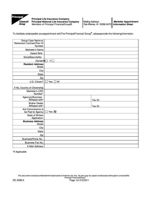 Form Dd 2598-5 - Principal Life Insurance Company Principal National Life Insurance Company Printable pdf