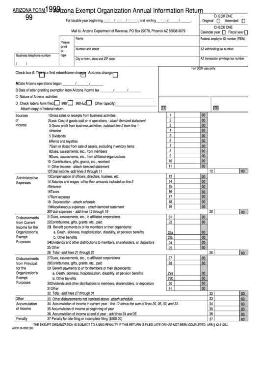 Form 99 - Arizona Exempt Organization Annual Information Return - 1999 Printable pdf