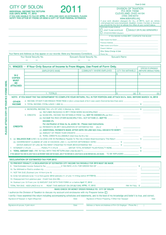 Form S-1040 - Individual Income Tax Return - 2011 Printable pdf