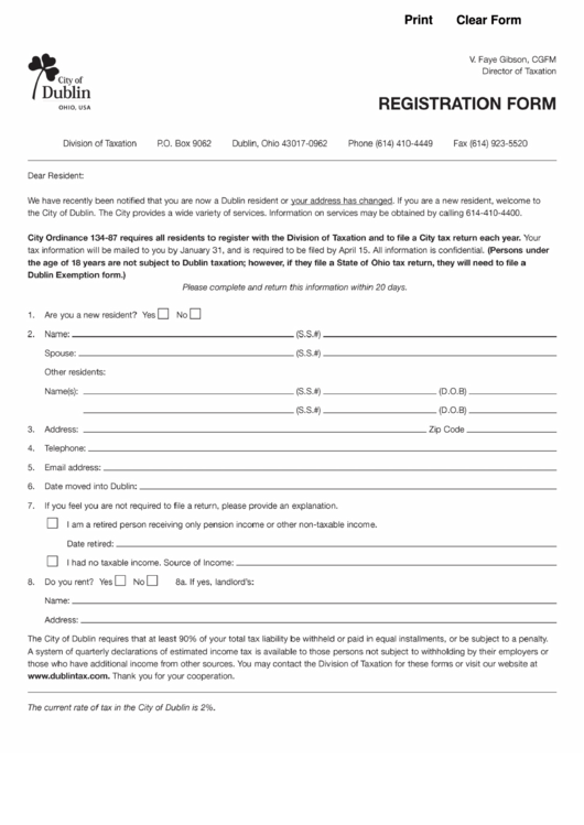 Fillable Registration Form - City Of Dublin Printable pdf
