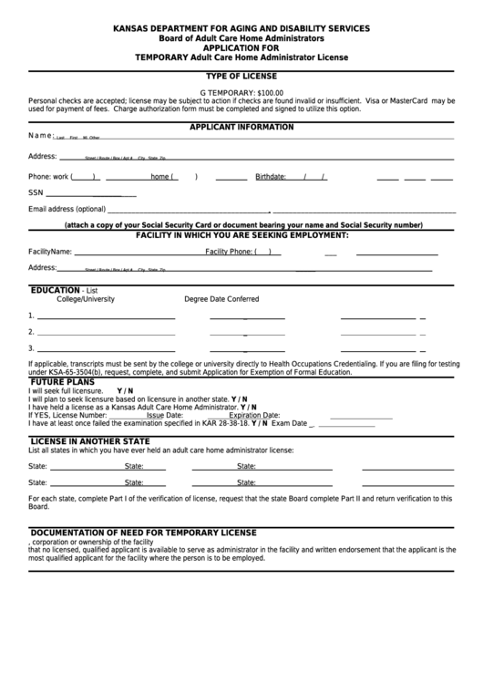 Application For Temporary Adult Care Home Administrator License Printable pdf