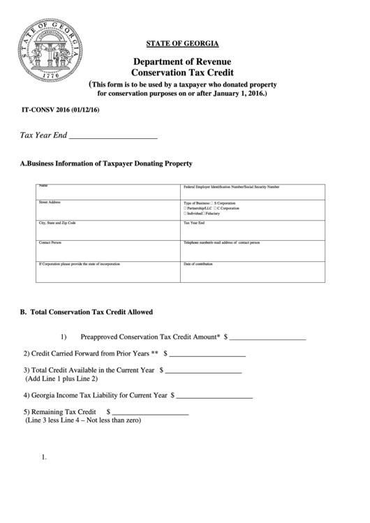 Fillable Form It-Consv - Conservation Tax Credit - Department Of Revenue - 2016 Printable pdf