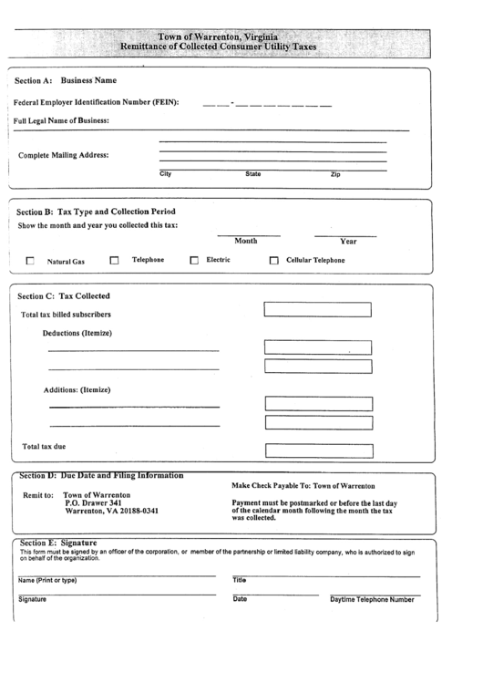 Remittance Of Collected Consumer Utility Taxes - Town Of Warrenton Printable pdf