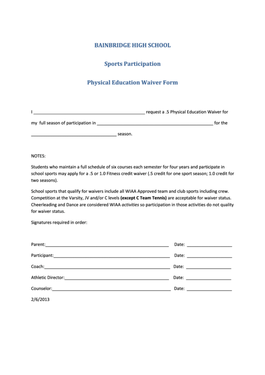 Sports Participation Physical Education Waiver Form