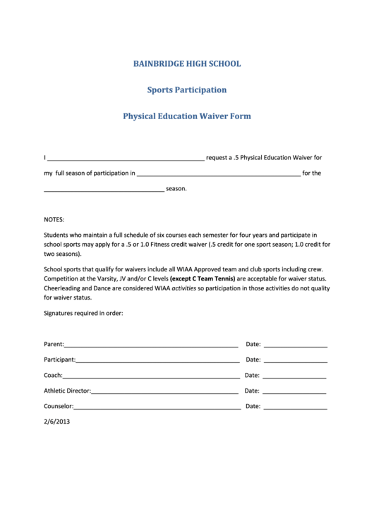 Sports Participation Physical Education Waiver Form Printable pdf