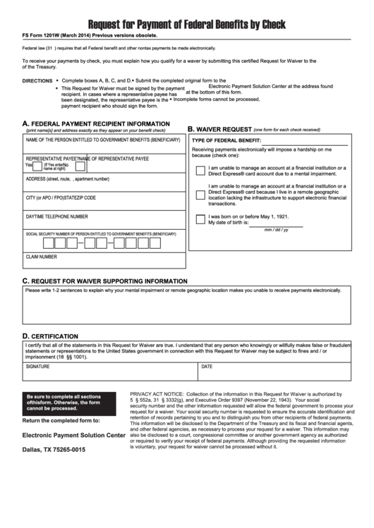 Fs Form 1201w - Request For Payment Of Federal Benefits By Check Printable pdf