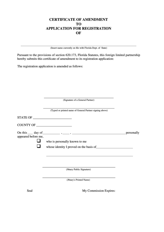 Certificate Of Amendment To Application For Registration Printable pdf