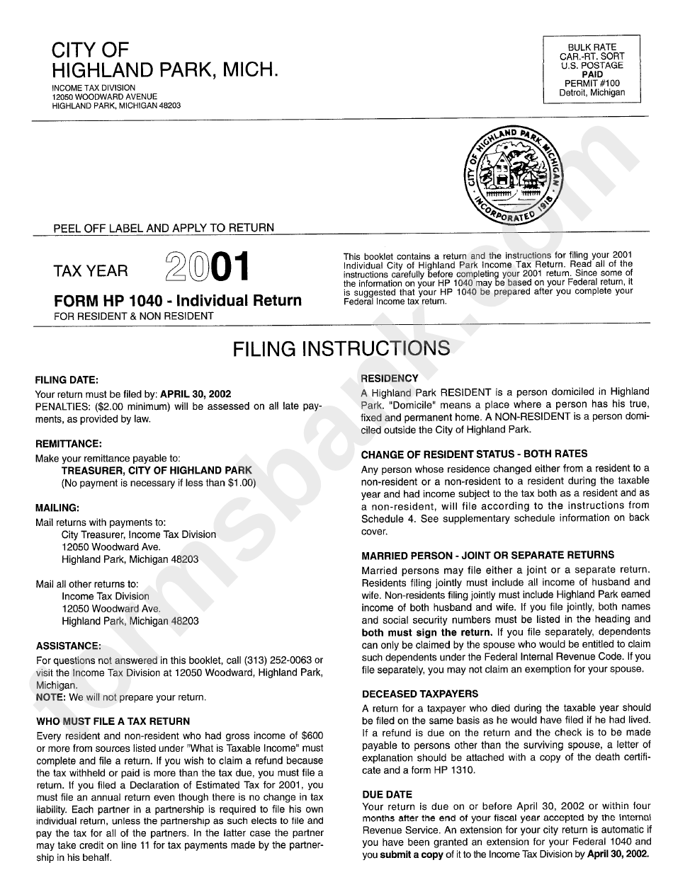 Form Hp 1040 - Individual Return For Resident And Non Resident - 2001