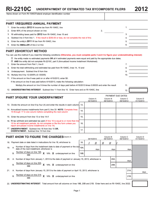 Form Ri-2210c - Underpayment Of Estimated Tax By Composite Filers - 2012 Printable pdf