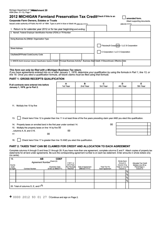Form 4594 - Michigan Farmland Preservation Tax Credit - 2012 Printable pdf