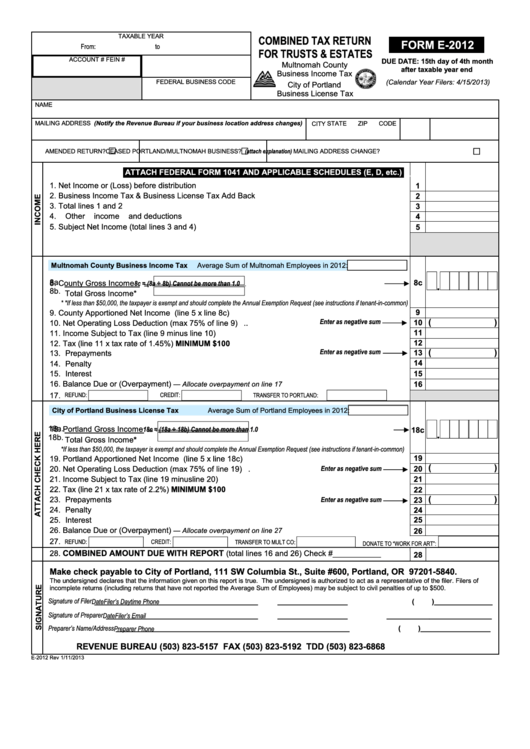 Form E-2012 - Combined Tax Return For Trusts & Estates Printable pdf