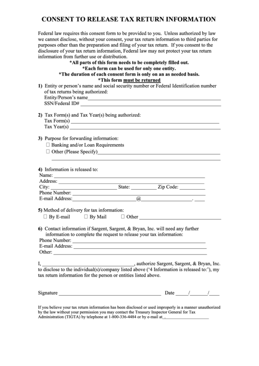 Consent To Release Tax Return Information Printable pdf