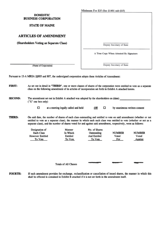 Form Mbca-9a - Articles Of Amendment - Domestic Business Corporation Printable pdf