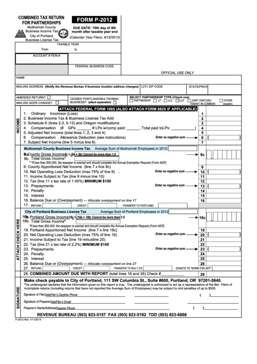 Form P-2012 - Combined Tax Return For Partnerships - 2012 Printable pdf
