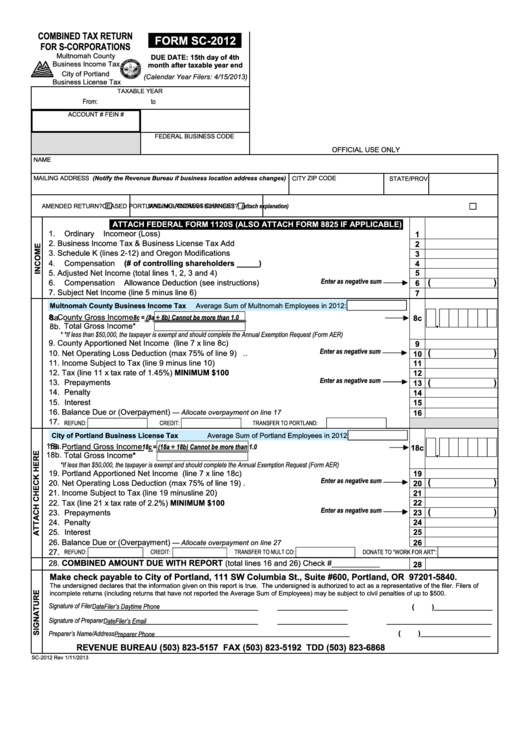 Form Sc-2012 - Combined Tax Return For S-Corporations - 2012 Printable pdf