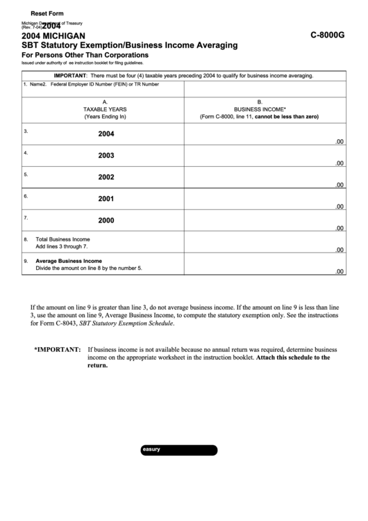 Fillable Form C-8000g - Michigan Sbt Statutory Exemption/business Income Averaging For Persons Other Than Corporations - 2004 Printable pdf