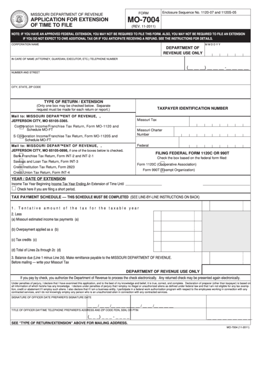 Fillable Form Mo-7004 - Application For Extension Of Time To File - 2011 Printable pdf