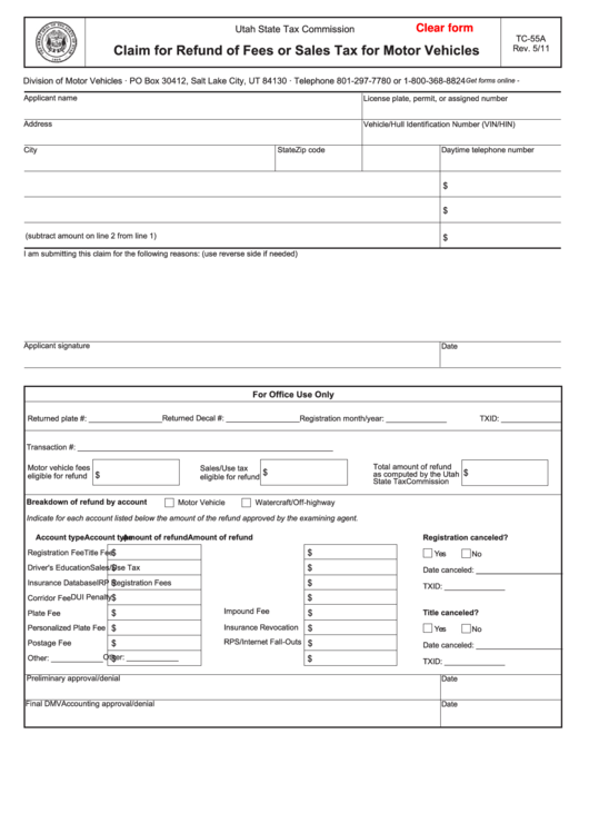 Fillable Form Tc-55a - Claim For Refund Of Fees Or Sales Tax For Motor Vehicles Printable pdf