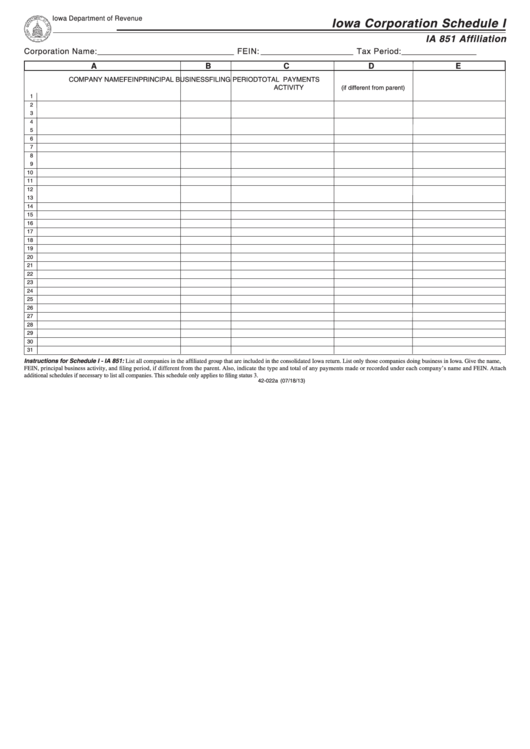 Fillable Form 42-022a - Iowa Corporation Schedule I - Ia 851 Affiliation Printable pdf