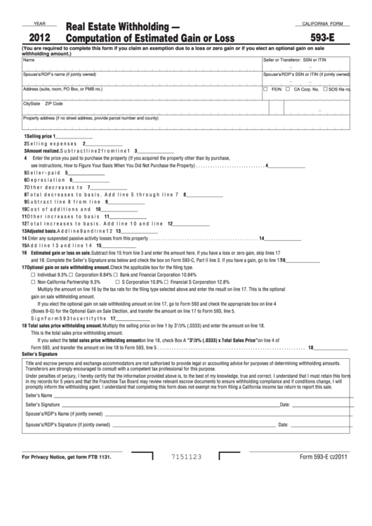 Fillable California Form 593-E - Real Estate Withholding - Computation Of Estimated Gain Or Loss - 2012 Printable pdf