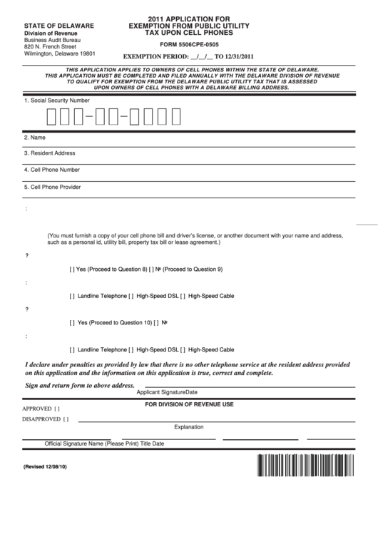Fillable Form 5506cpe-0505 - Application For Exemption From Public Utility Tax Upon Cell Phones - 2011 Printable pdf