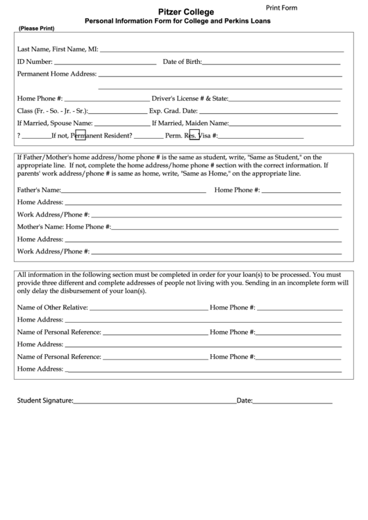 Fillable Pitzer College Personal Information Form Printable pdf