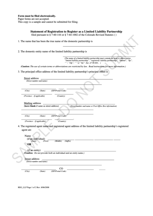 Form Reg_llp Sample - Statement Of Registration To Register As A Limited Liability Partnership - 2008 Printable pdf