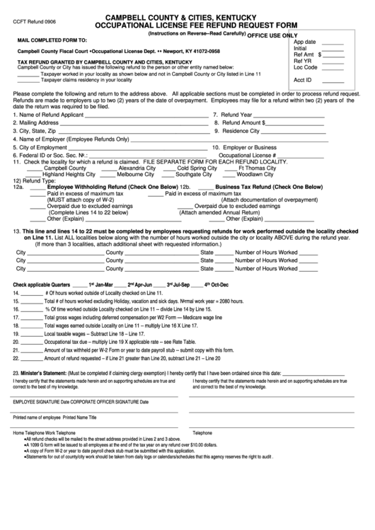 Form Ccft - Occupational License Fee Refund Request - 2006 Printable pdf