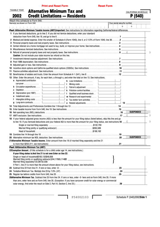 Fillable California Schedule P (540) - Attach To Form 540 - Alternative Minimum Tax And Credit Limitations - Residents - 2002 Printable pdf