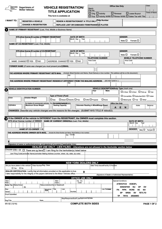 Fillable Form Mv-82 - Vehicle Registration/title Application Printable pdf