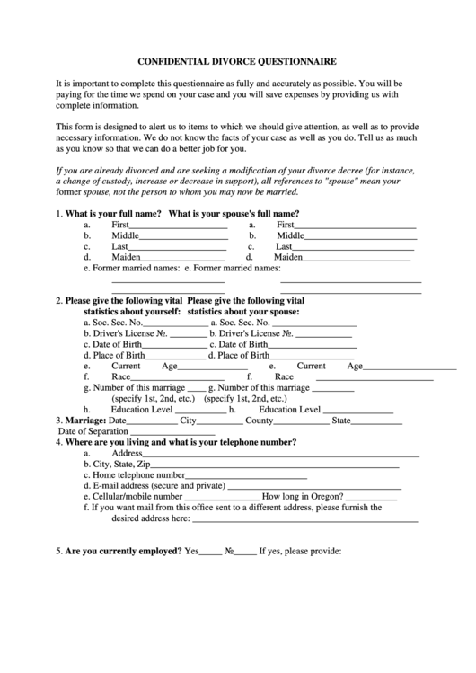 Confidential Divorce Questionnaire Form Printable pdf