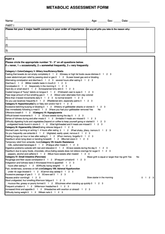 Metabolic Assessment Form Printable pdf