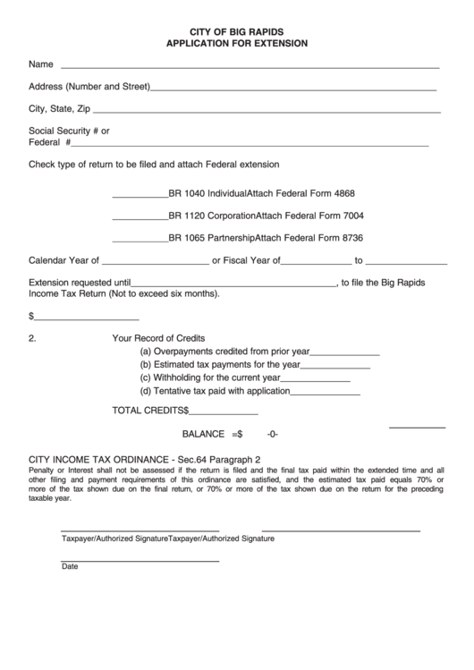 Application For Extension - City Of Big Rapids Printable pdf