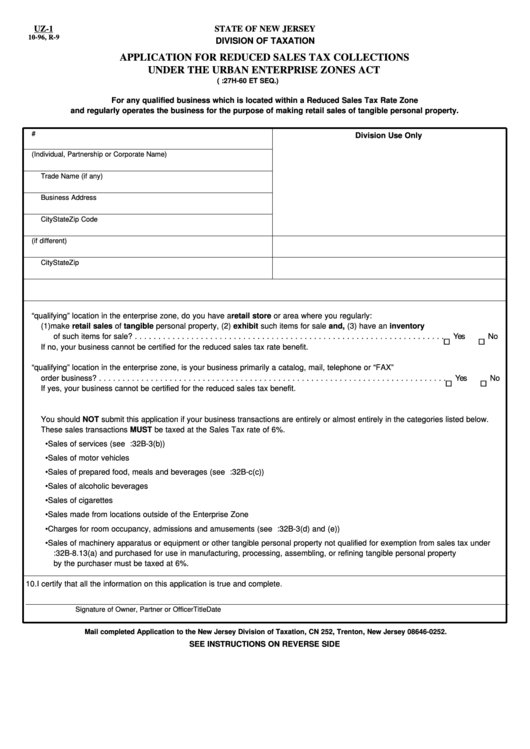 Fillable Form Uz-1 - Application For Reduced Sales Tax Collections Under The Urban Enterprise Zones Act - 1996 Printable pdf