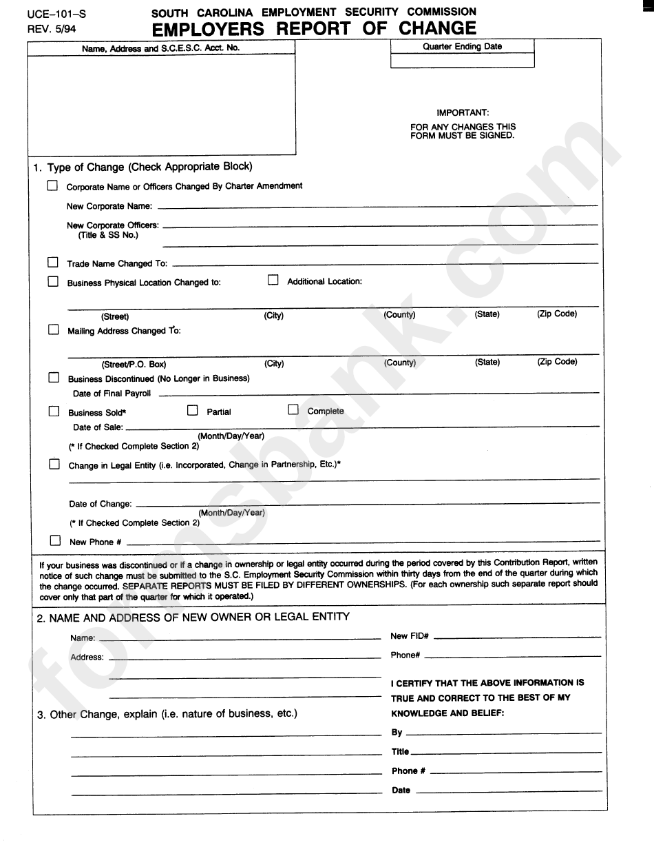 Form Uce-101-S - Employers Report Of Change - South Carolina Employment Security Comission