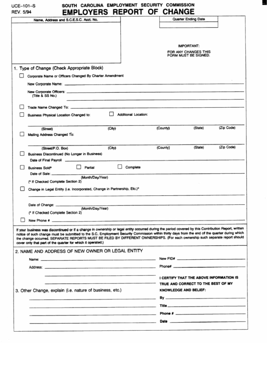 Form Uce-101-S - Employers Report Of Change - South Carolina Employment Security Comission Printable pdf