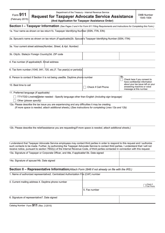 Form 911 - Request For Taxpayer Advocate Service Assistance - Department Of The Treasury - 2015 Printable pdf
