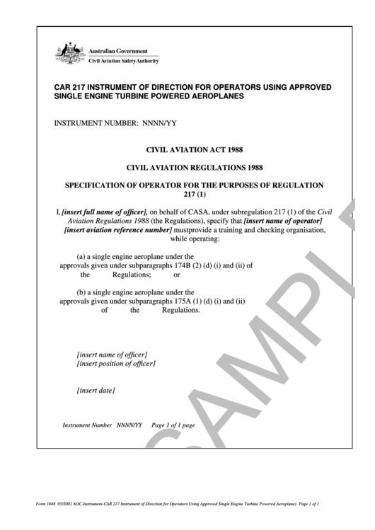 Form 1048 Sample - Car 217 Instrument Of Direction For Operators Using Approved Single Engine Turbine Powered Aeroplanes Printable pdf