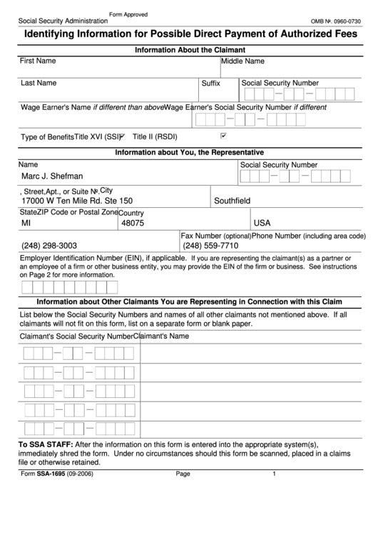 Fillable Form Ssa 1695 Identifying Information For Possible Direct 