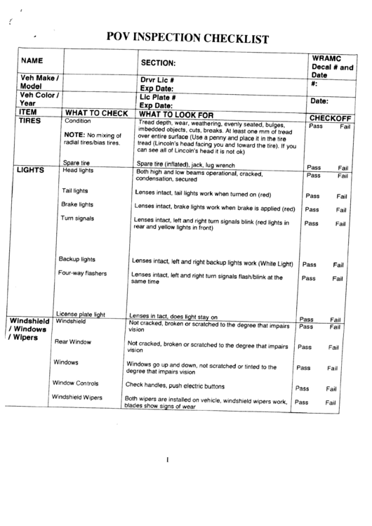 Pov Inspection Checklist Printable pdf