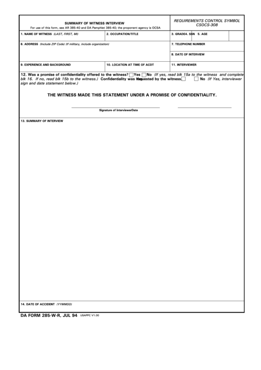 Form 285-W-R - U. S. Army Accident Report Summary Of Witness Interview Printable pdf