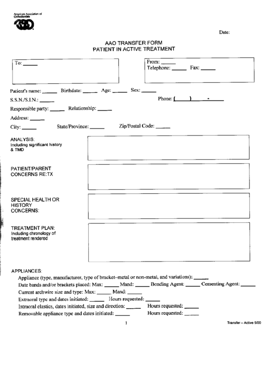 Aao Transfer Form Patient In Active Treatment printable pdf download