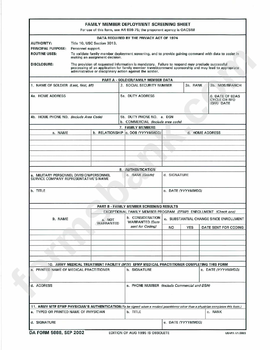 Da Form 5888 - Family Member Deployment Screening Sheet