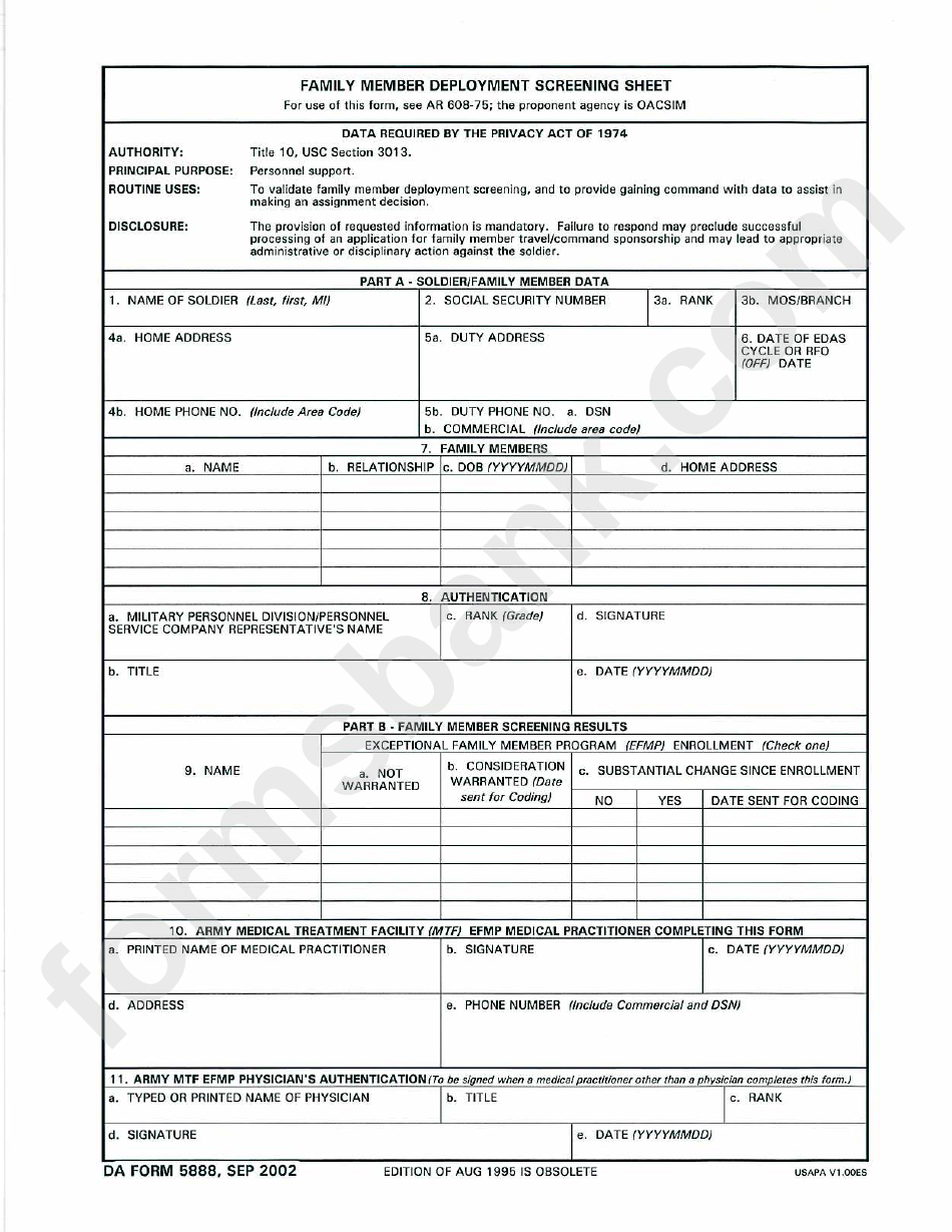 Da Form 5888 Family Member Deployment Screening Sheet Printable Pdf
