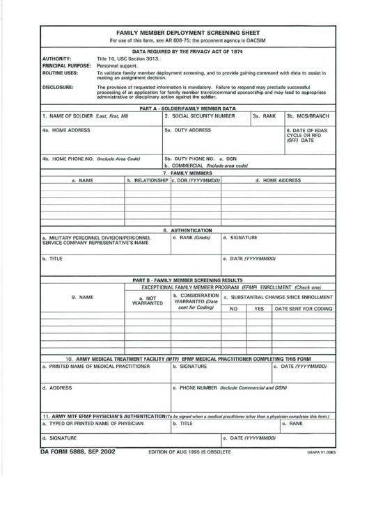 Da Form 5888 - Family Member Deployment Screening Sheet
