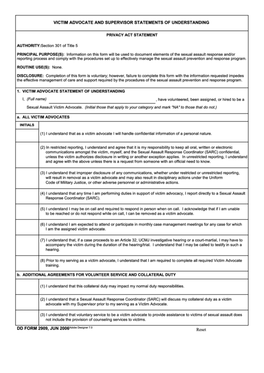 Fillable Dd Form 2909 - Victim Advocate And Supervisor Statements Of Understanding Printable pdf